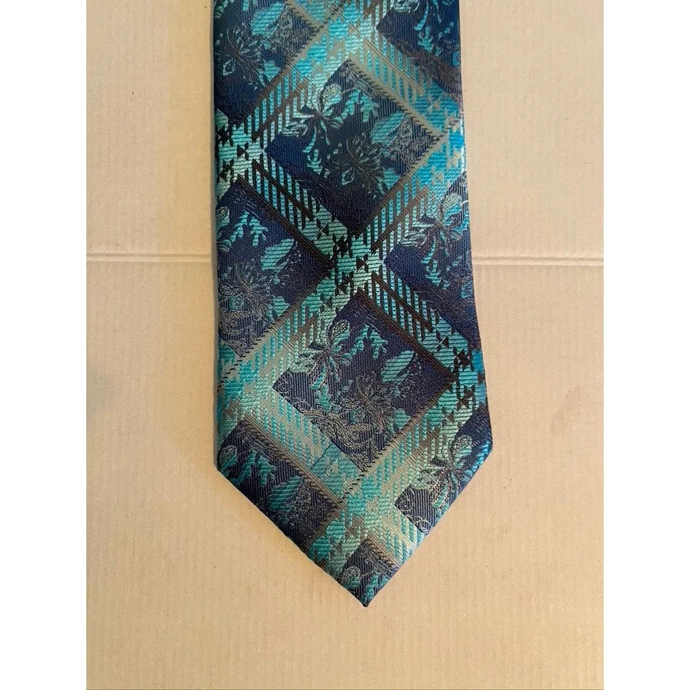Stacy Adams Men Tie Blue Teal Geometric Plaid Floral Jacquard Silk Blend Necktie